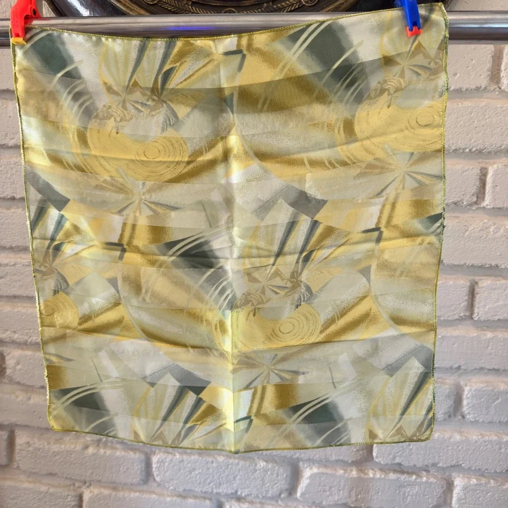 Vintage Abstract Geometric Scarf‎ Yellow Gold Grey Satin Chiffon Stripe 19in